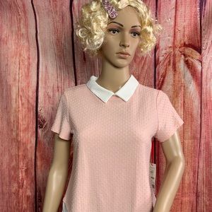 ELLE Textured, collared top with sheer bottom.